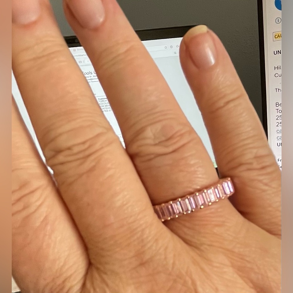 Beautiful Pink Moissanite Baguette Eternity Band Rose Gold/925 Ring Size 9 - Picture 3 of 7